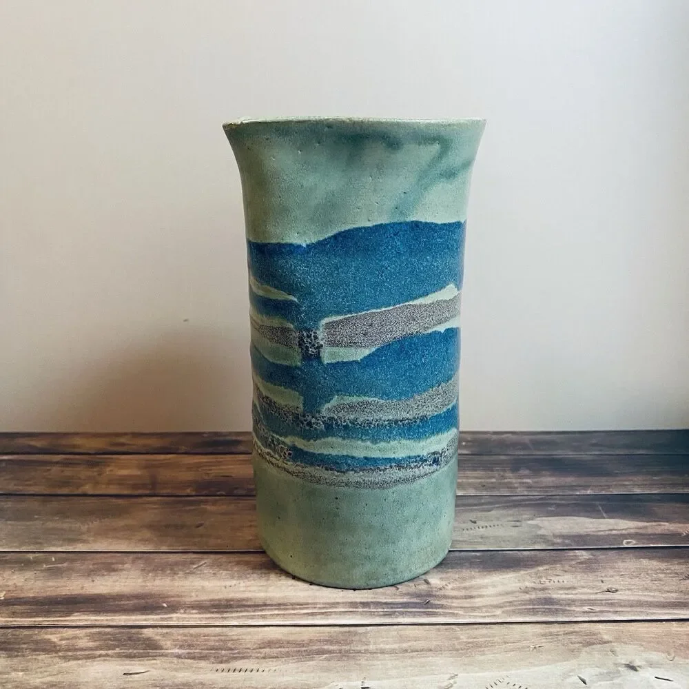 Vintage Handmade Stoneware Vase Or Pitcher With Seascape Design Patterns